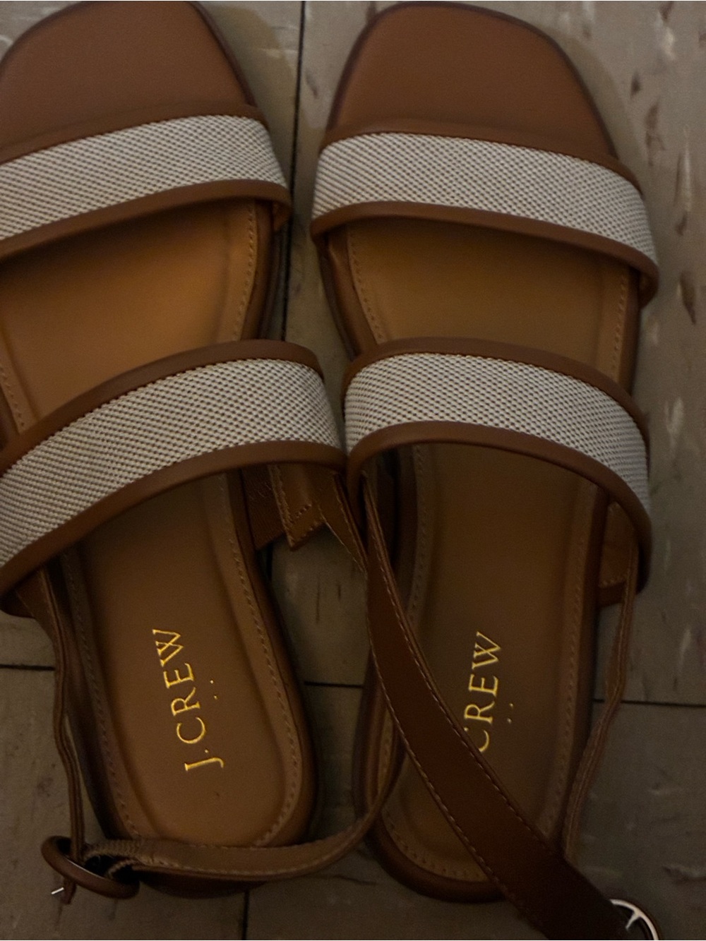 J. Crew Tan Leather Sandals with White Woven Straps